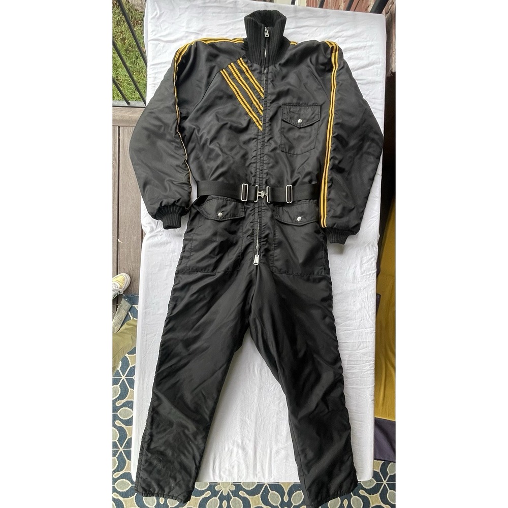 Vintage Polarwear Henry MFG Snowmobile Suit Mens Black Gold Belted One Piece